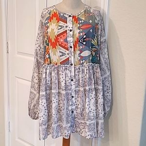 Bucketlist Woman's BoHo Blouse long Puffy Sleeves Floral Aztec Patterns